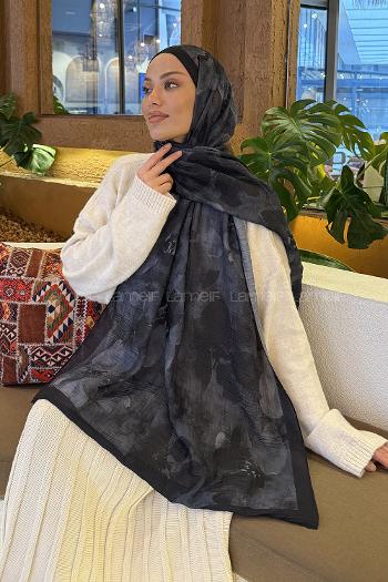 Lamelif Batik Desen Müslin Şal Siyah Gri