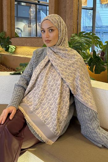 Lamelif Dior Desen Kaşmir Çift Taraflı Şal Gri Camel