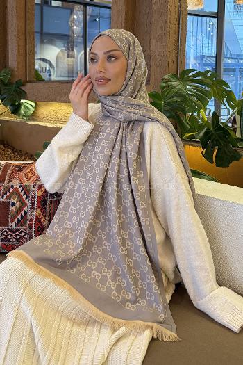 Lamelif G Desen Kaşmir Çift Taraflı Şal Bej Gri