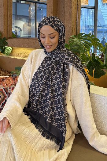 Lamelif G Desen Kaşmir Çift Taraflı Şal Lacivert Vizon