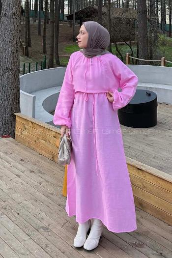 Pink Loose Crew Neck Linen Dresess