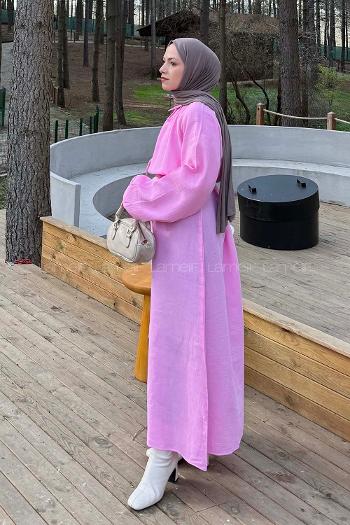 Pink Loose Crew Neck Linen Dresess