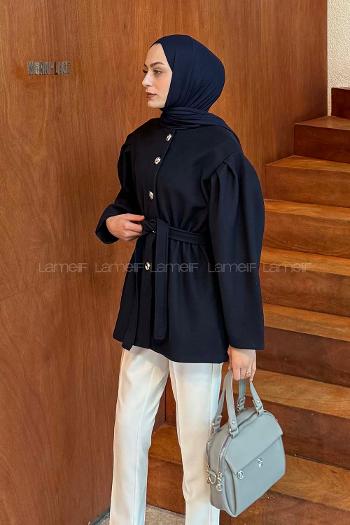 Lamelif Bel Lastikli Bağlama Detaylı Ceket Lacivert