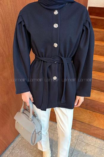 Lamelif Bel Lastikli Bağlama Detaylı Ceket Lacivert