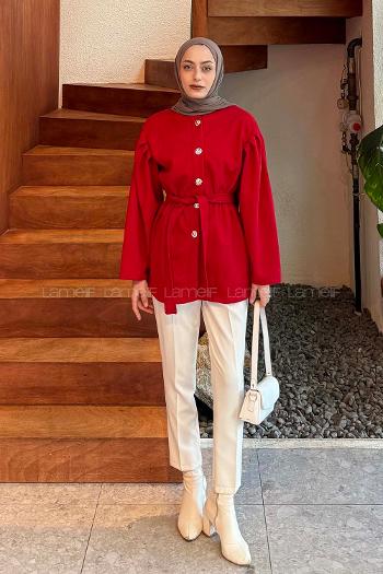 Lamelif Bel Lastikli Bağlama Detaylı Ceket Nar Çiçeği