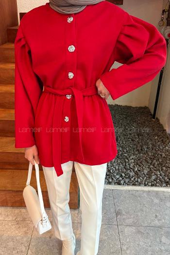 Lamelif Bel Lastikli Bağlama Detaylı Ceket Nar Çiçeği