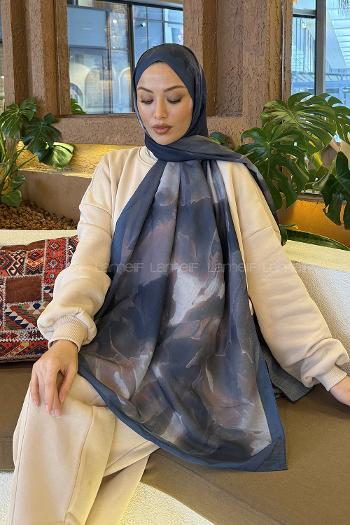 Lamelif Elegant Desen Müslin Şal İndigo