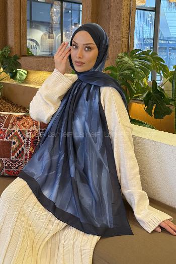 Lamelif Elegant Desen Müslin Şal Lacivert