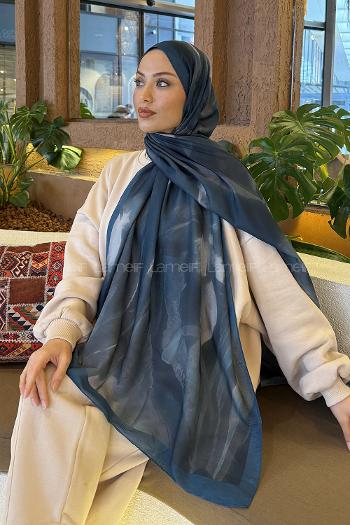 Lamelif Elegant Desen Müslin Şal Petrol Mavisi