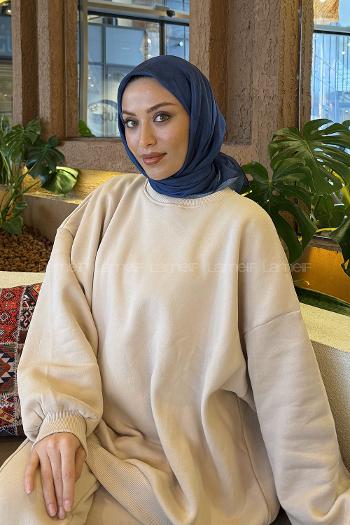 Midnight Blue Cotton Fabric Striped Flowering Straight Printed Scarf