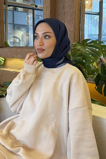 Navy Blue Cotton Fabric Striped Flowering Straight Printed Scarf