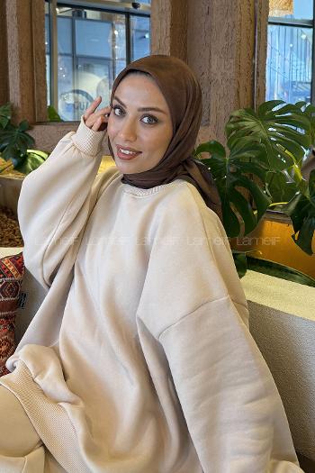 Brown With Milk Cotton Fabric Striped Flowering Straight Printed Scarf