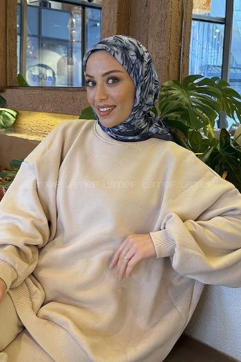 Anthracite Cotton Fabric Striped Flowering Straight Printed Scarf