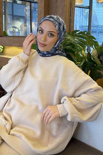 Anthracite Cotton Fabric Striped Flowering Straight Printed Scarf