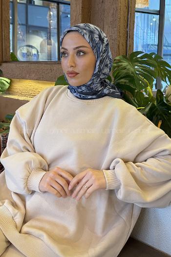 Anthracite Cotton Fabric Striped Flowering Straight Printed Scarf