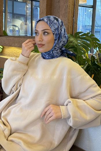 Navy Blue Cotton Fabric Striped Flowering Straight Printed Scarf