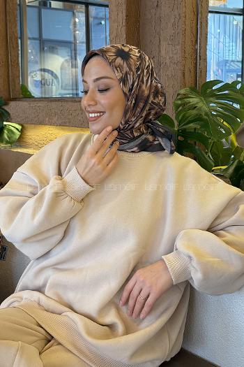 Black Brown Cotton Fabric Striped Flowering Straight Printed Scarf