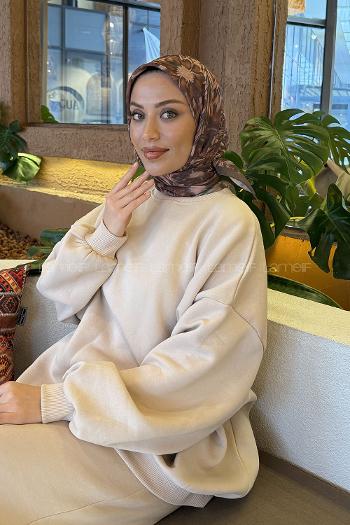 Soft Brown Cotton Fabric Striped Flowering Straight Printed Scarf