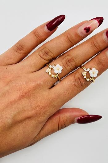 Lamelif Gold Kristal Taşlı Zarif Çiçek Ayarlanabilir Yüzük