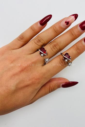 Lamelif Gümüş Kırmızı Kalp Detaylı Ayarlabilir Yüzük