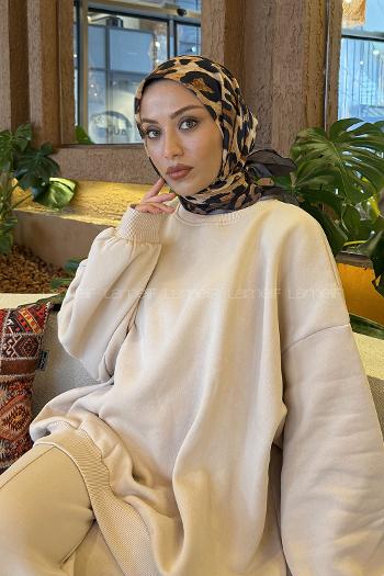 Lamelif Leopar Desen Soft Eşarp Antrasit Camel