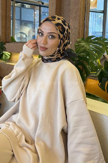 Lamelif Leopar Desen Soft Eşarp Antrasit Camel