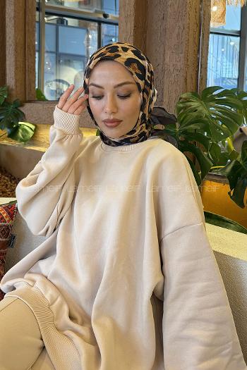 Lamelif Leopar Desen Soft Eşarp Antrasit Camel