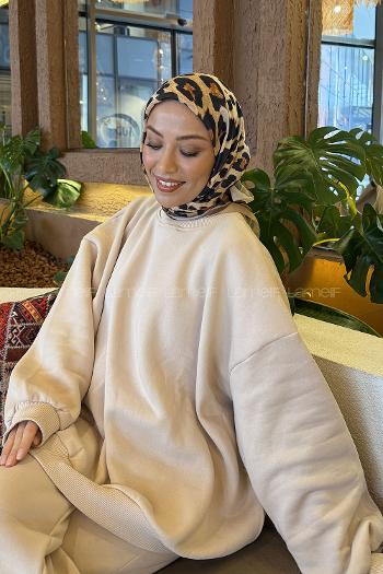 Beige Cotton Fabric Striped Flowering Straight Printed Scarf