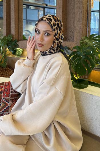 Khaki Cotton Fabric Striped Flowering Straight Printed Scarf