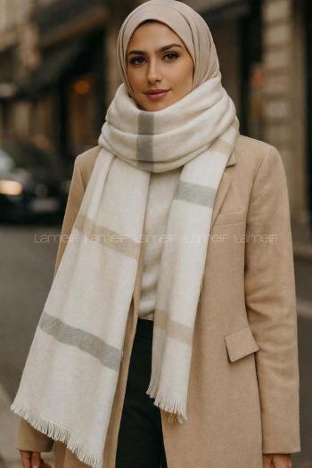 Lamelif Kadın Krem Desenli Atkı - Şal