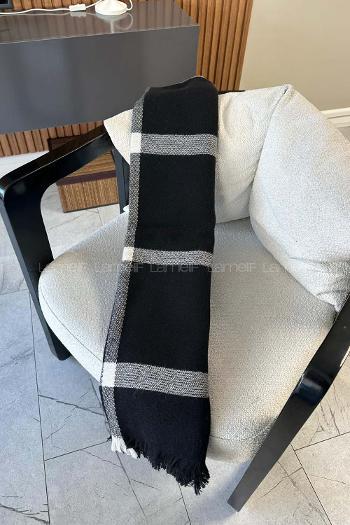 Lamelif Kadın Siyah Desenli Atkı - Şal