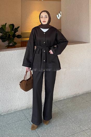 Lamelif Kuşaklı Gabardin Takım Acı Kahve