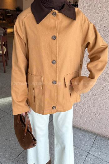 Tan Shirt Collar Long Arm Cotton Jacket