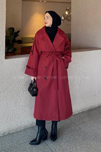 Claret Red Long Arm Buttoned Belted Polyester Trench Coat