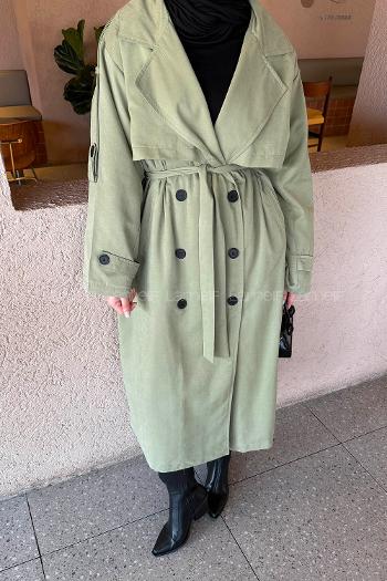 Khaki Long Arm Buttoned Belted Polyester Trench Coat