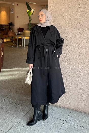 Black Long Arm Buttoned Belted Polyester Trench Coat