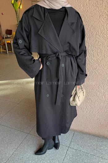 Black Long Arm Buttoned Belted Polyester Trench Coat