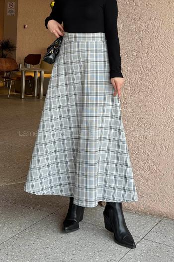 Lamelif Ekose Tesettür Etek Gri-Siyah