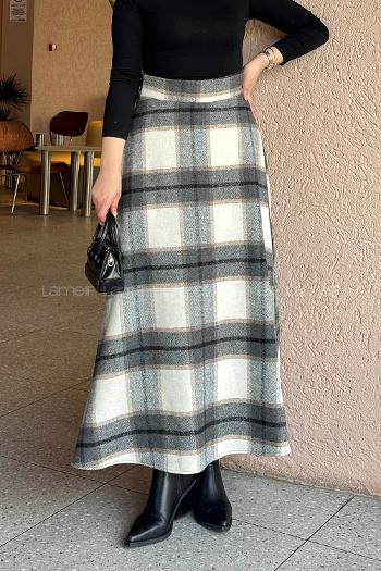 Lamelif Kaşe Ekose Detay Etek Taş Rengi