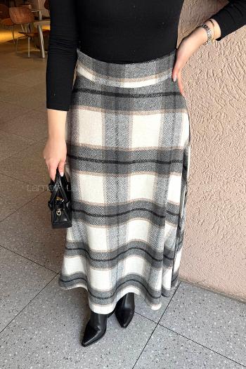 Lamelif Kaşe Ekose Detay Etek Taş Rengi