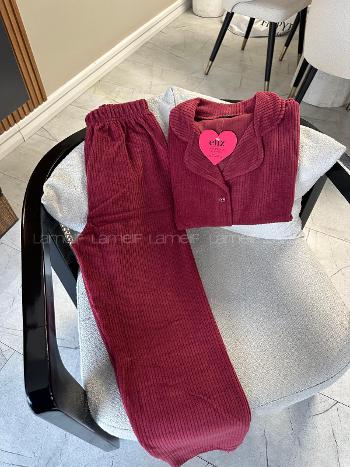 Lamelif Polar Kumaş Papatya Desen Düğmeli  Pijama Takım