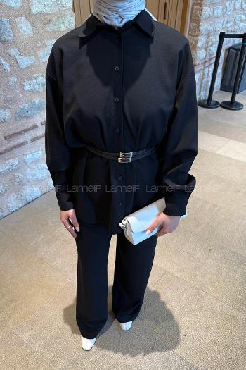 Black Shirt Collar Long Arm Polyester Regular Trousers Comfortable Suit