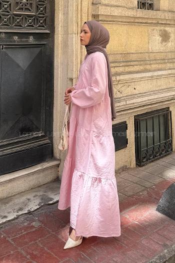 Lamelif Ön Yarım Düğme Detaylı Müslin Kumaş Tesettür Elbise Pembe