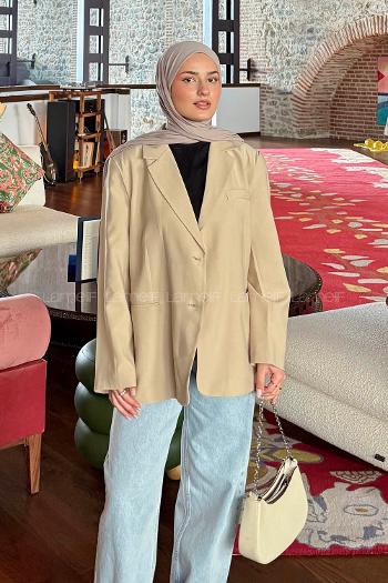 Lamelif Oversize Gizli Cep Ceket Vizonrengi