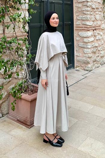 Lamelif Pelerin Detaylı Elbise Taş Rengi