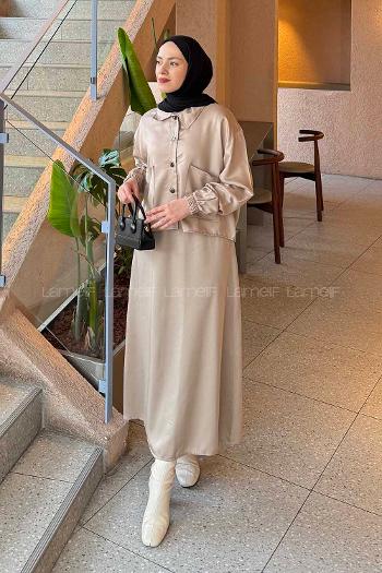 Lamelif Cep Detaylı İkili Etek Tesettür Takım Kum Beji