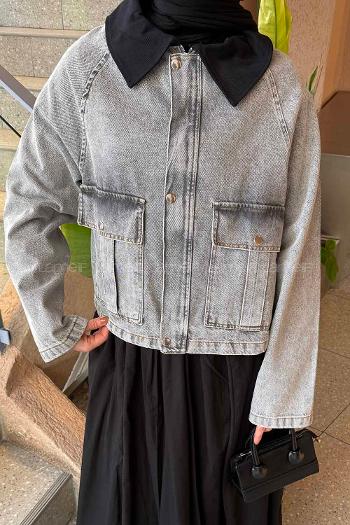 Gray Shirt Collar Long Arm Denim Denim Jacket