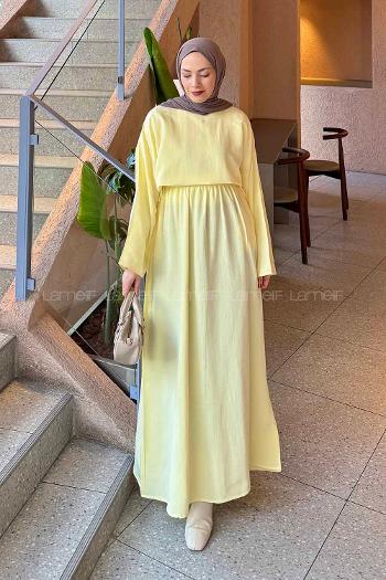 Yellow Crew Neck Long Arm Linen Flare Suit