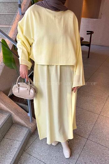 Yellow Crew Neck Long Arm Linen Flare Suit