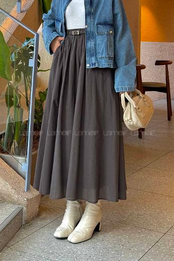 Lamelif Kemerli Cepli Tesettür Etek Koyu Kahverengi